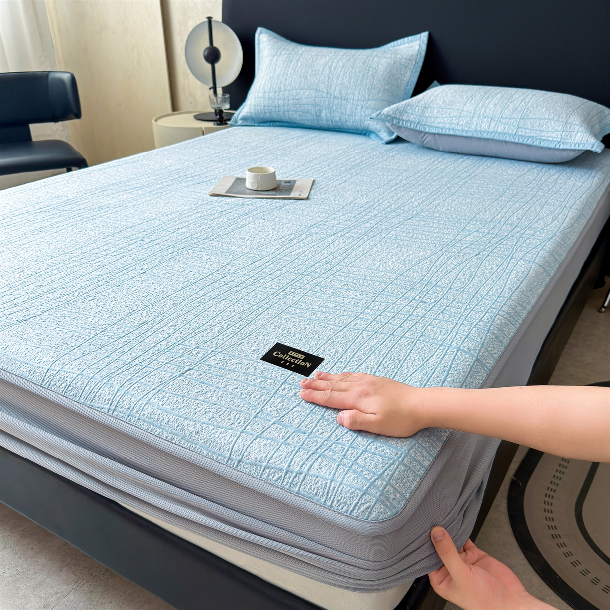 耐思家纺 2026新款复合三明治PE乙纶提花冰豆豆凉席罗马曲线系列（提供买家秀） 罗马曲线-蓝床笠款