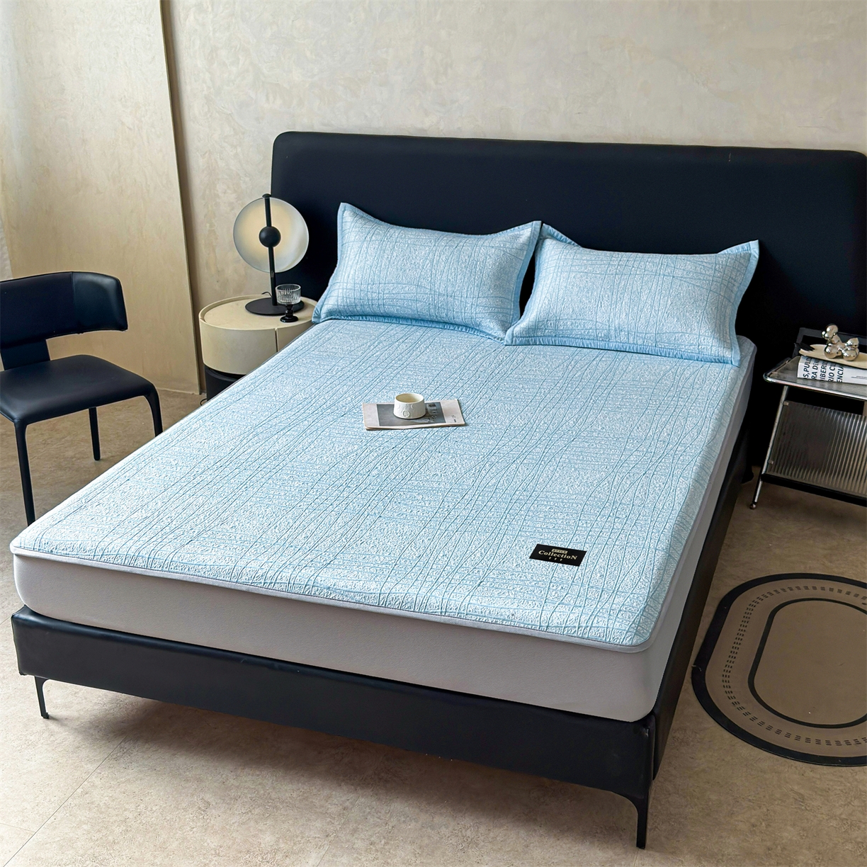 91家纺网 家纺一手货源 找家纺 耐思家纺 2026新款复合三明治PE乙纶提花冰豆豆凉席罗马曲线系列（提供买家秀） 罗马曲线-蓝床笠款