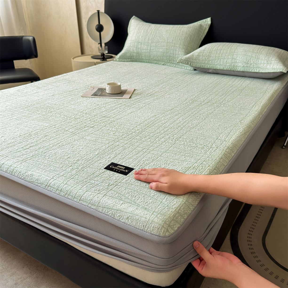 耐思家纺 2026新款复合三明治PE乙纶提花冰豆豆凉席罗马曲线系列（提供买家秀） 罗马曲线-绿床笠款