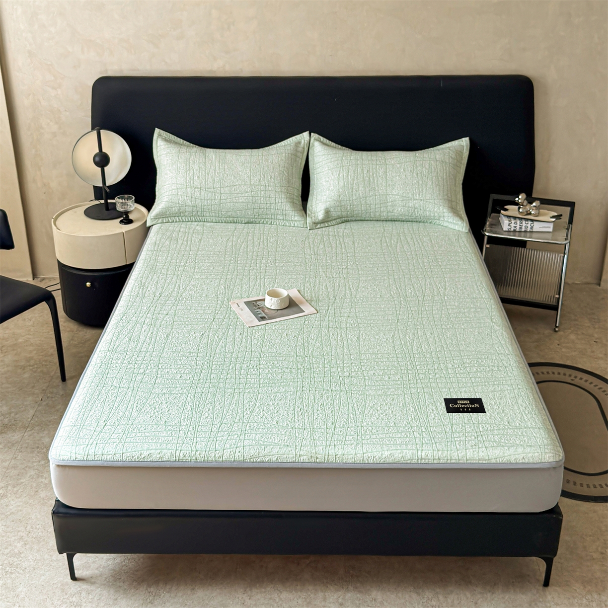 91家纺网 家纺一手货源 找家纺 耐思家纺 2026新款复合三明治PE乙纶提花冰豆豆凉席罗马曲线系列（提供买家秀） 罗马曲线-绿床笠款