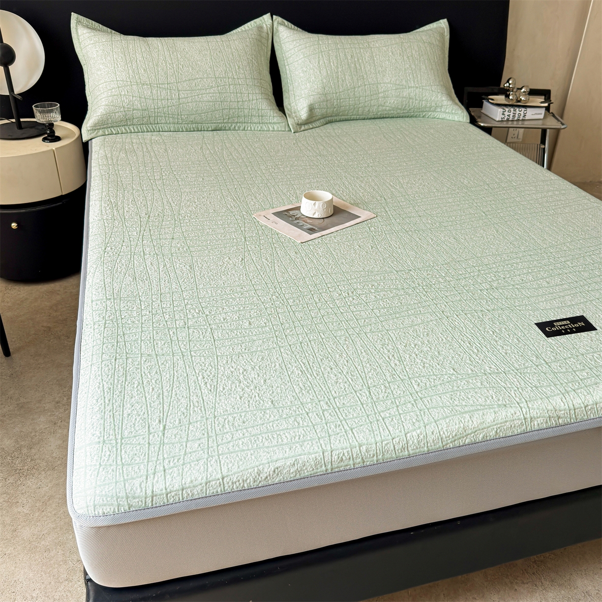 91家纺网 家纺一手货源 找家纺 耐思家纺 2026新款复合三明治PE乙纶提花冰豆豆凉席罗马曲线系列（提供买家秀） 罗马曲线-绿床笠款