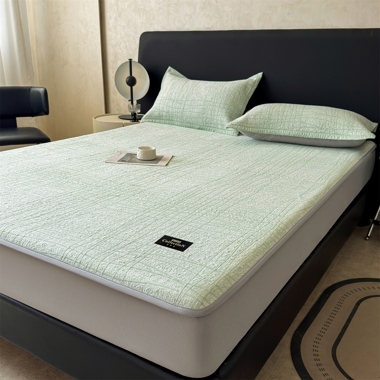 91家纺网 家纺一手货源 找家纺 耐思家纺 2026新款复合三明治PE乙纶提花冰豆豆凉席罗马曲线系列（提供买家秀） 罗马曲线-绿床笠款