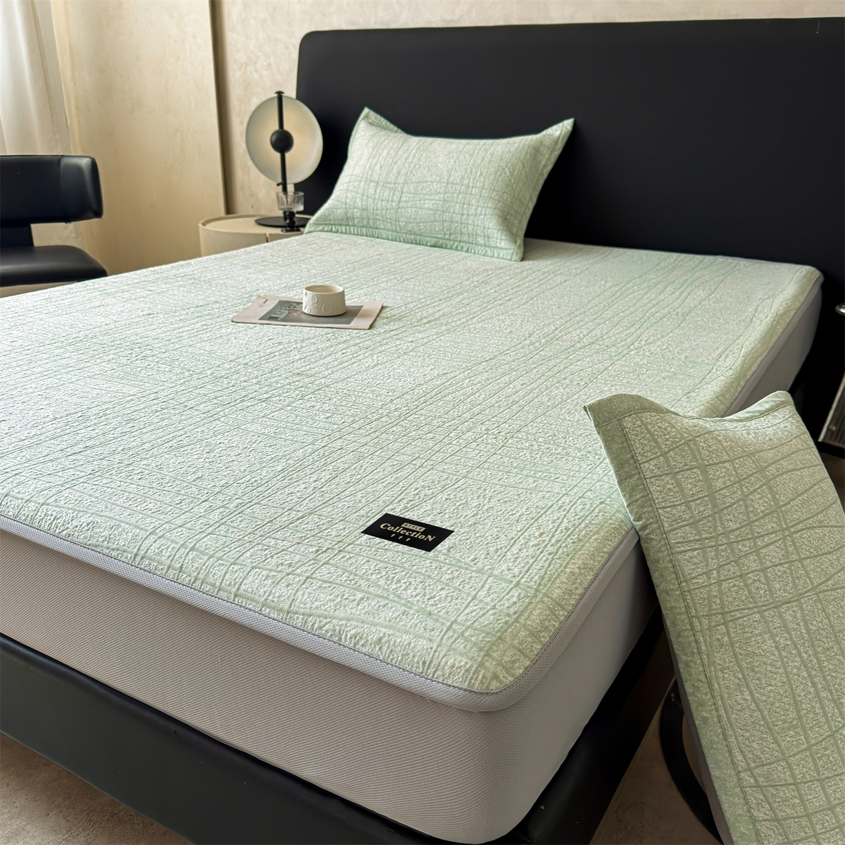 91家纺网 家纺一手货源 找家纺 耐思家纺 2026新款复合三明治PE乙纶提花冰豆豆凉席罗马曲线系列（提供买家秀） 罗马曲线-绿床笠款