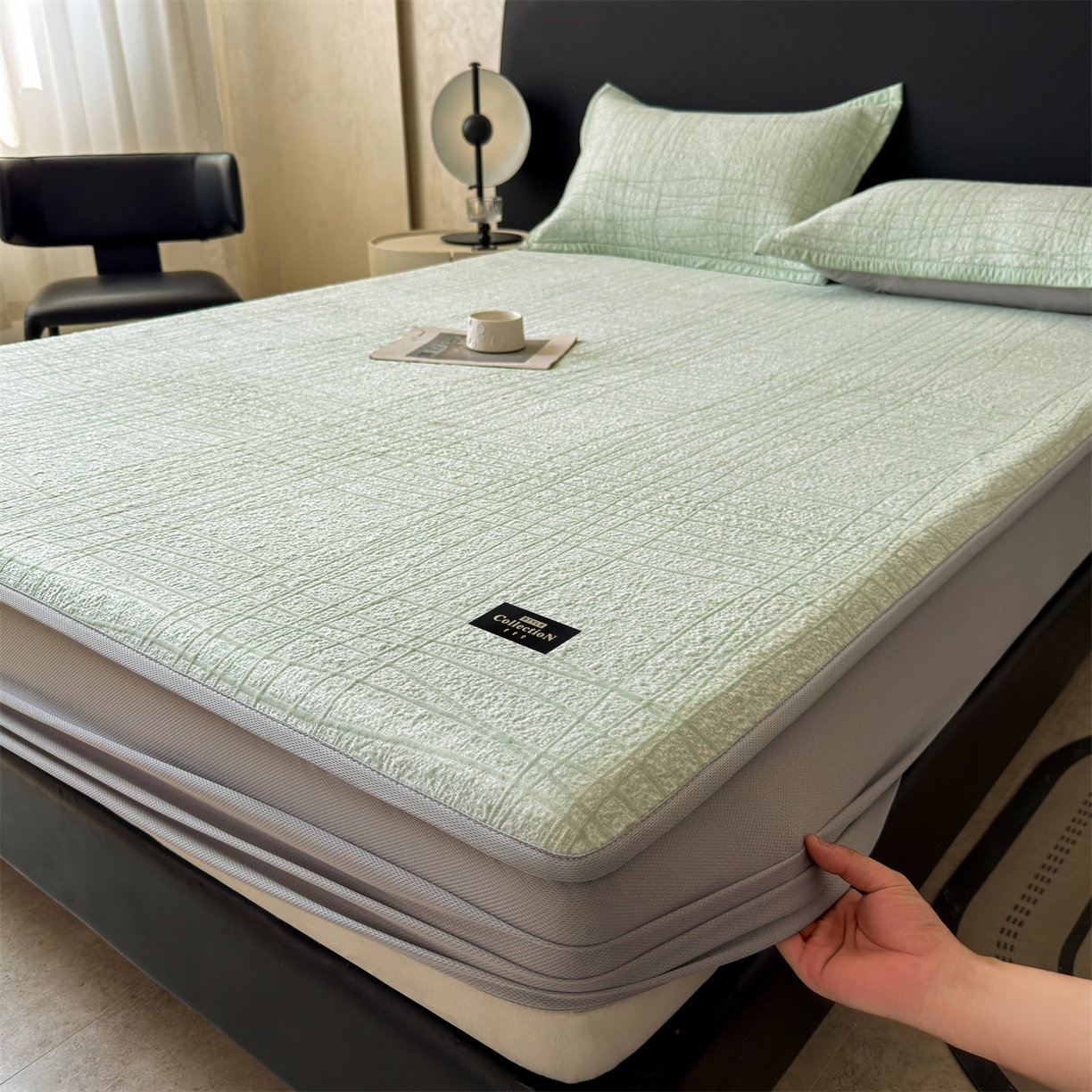 91家纺网 家纺一手货源 找家纺 耐思家纺 2026新款复合三明治PE乙纶提花冰豆豆凉席罗马曲线系列（提供买家秀） 罗马曲线-绿床笠款