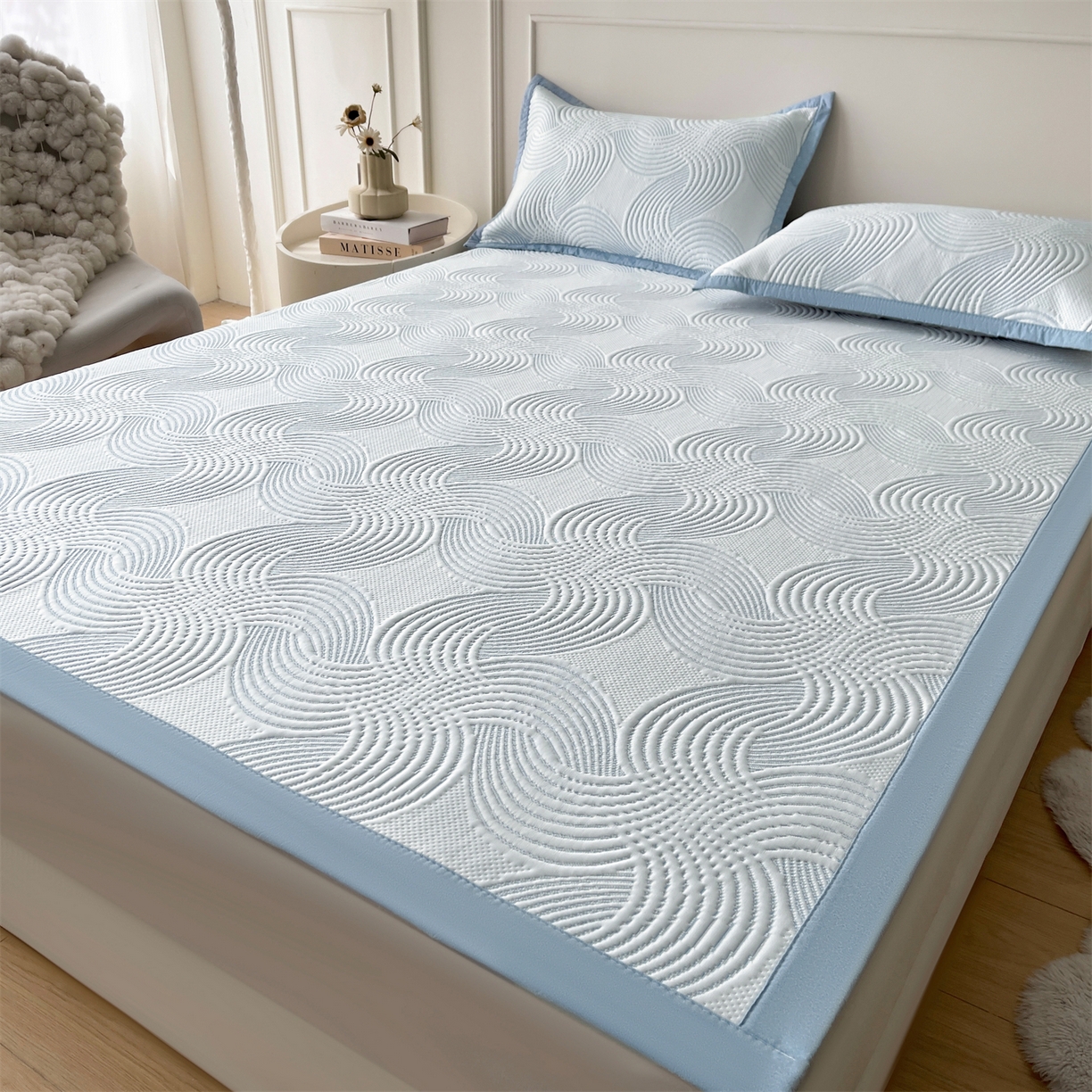 91家纺网 家纺一手货源 找家纺 耐思家纺 2026新款高端三明治硅胶复合PE乙纶提花冰豆豆凉席空调席韩版NIS系列（提供买家秀）床席款 韩INS-回川蓝