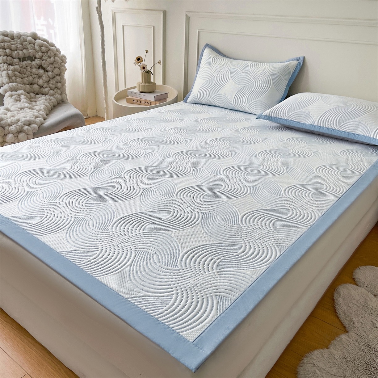 91家纺网 家纺一手货源 找家纺 耐思家纺 2026新款高端三明治硅胶复合PE乙纶提花冰豆豆凉席空调席韩版NIS系列（提供买家秀）床席款 韩INS-回川蓝