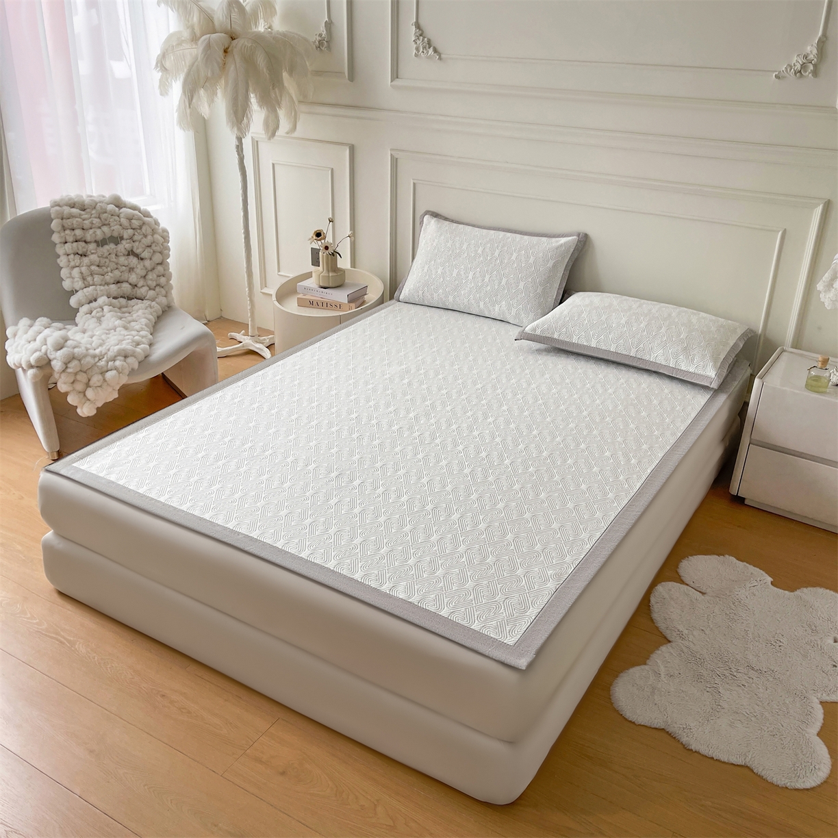 91家纺网 家纺一手货源 找家纺 耐思家纺 2026新款高端三明治硅胶复合PE乙纶提花冰豆豆凉席空调席韩版NIS系列（提供买家秀）床席款 韩INS-峰回灰