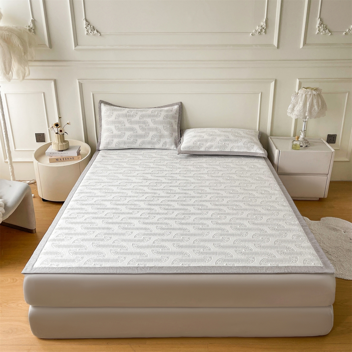 91家纺网 家纺一手货源 找家纺 耐思家纺 2026新款高端三明治硅胶复合PE乙纶提花冰豆豆凉席空调席韩版NIS系列（提供买家秀）床席款 韩INS-云间环