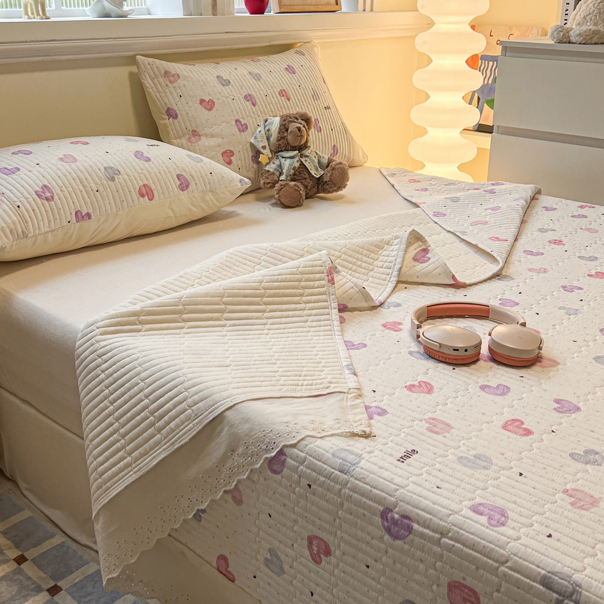 91家纺网 家纺一手货源 找家纺 舒居家纺 2026春夏新款花边款全棉印花单床盖 床盖单件（第一批） 彩色爱心