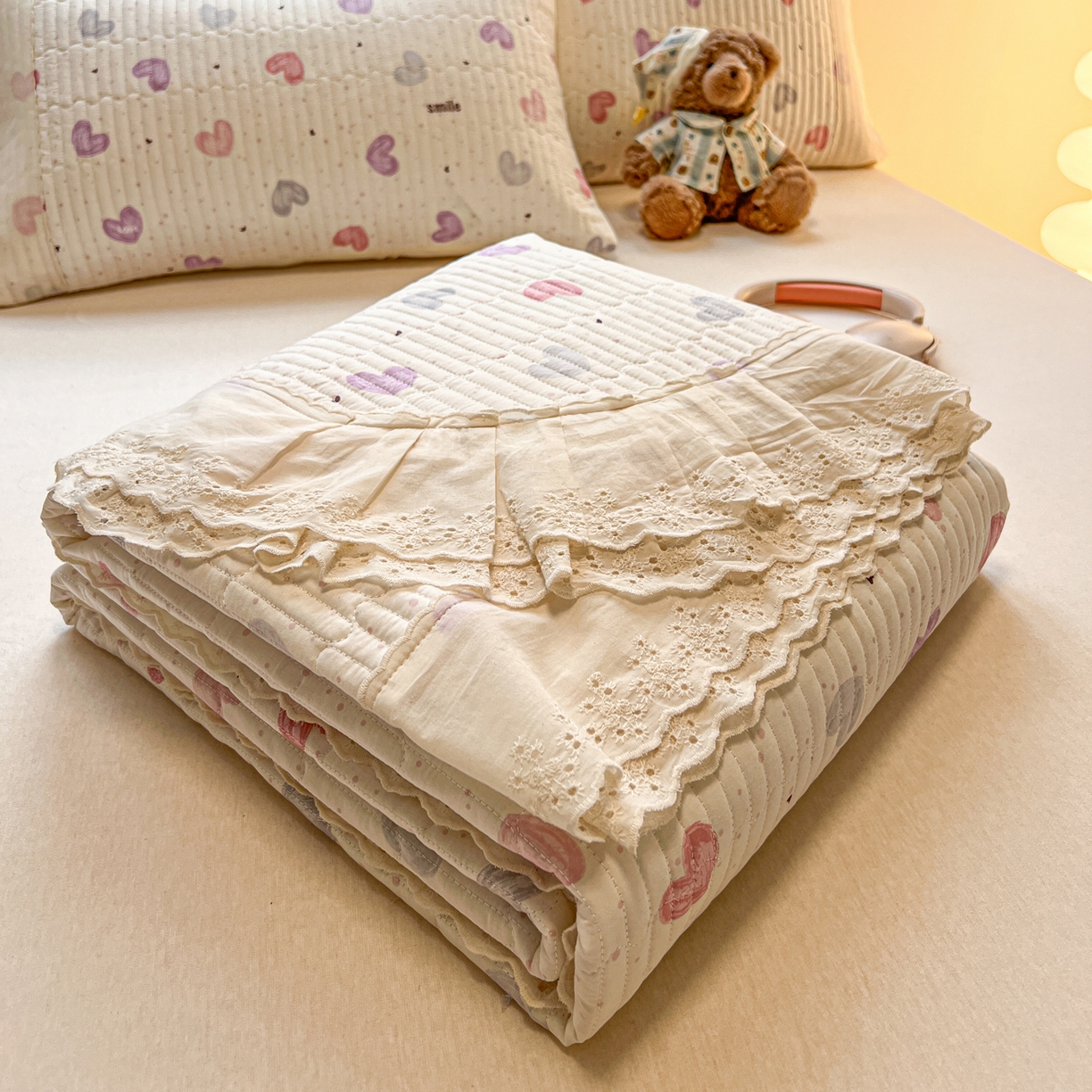 舒居家纺 2026春夏新款花边款全棉印花单床盖 床盖单件（第一批） 彩色爱心