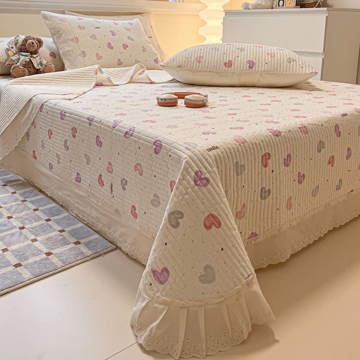 91家纺网 家纺一手货源 找家纺 舒居家纺 2026春夏新款花边款全棉印花单床盖 床盖单件（第一批） 彩色爱心