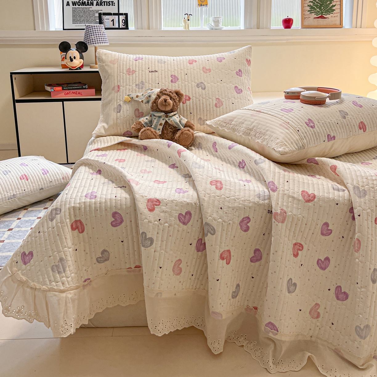 91家纺网 家纺一手货源 找家纺 舒居家纺 2026春夏新款花边款全棉印花单床盖 床盖单件（第一批） 彩色爱心