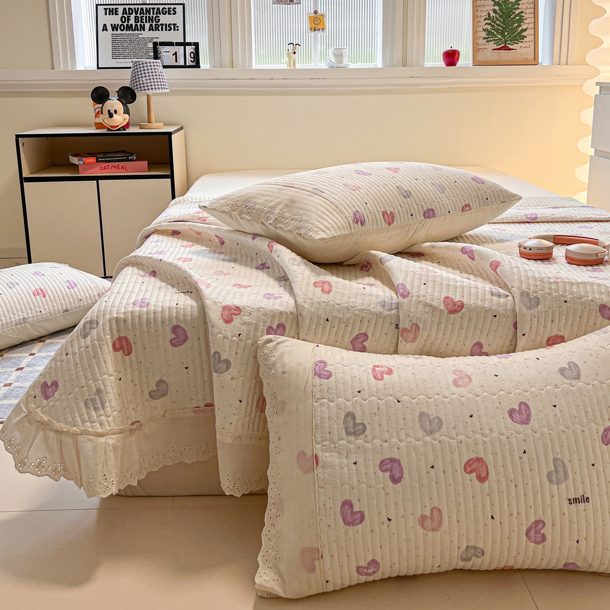 91家纺网 家纺一手货源 找家纺 舒居家纺 2026春夏新款花边款全棉印花单床盖 床盖单件（第一批） 彩色爱心
