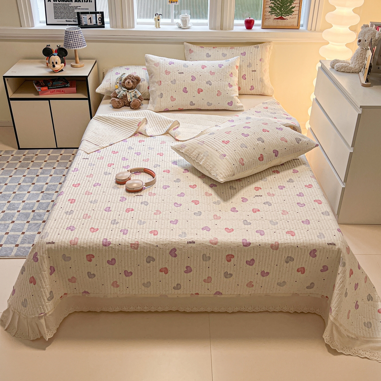 91家纺网 家纺一手货源 找家纺 舒居家纺 2026春夏新款花边款全棉印花单床盖 床盖单件（第一批） 彩色爱心