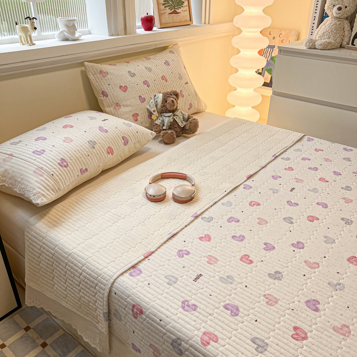 91家纺网 家纺一手货源 找家纺 舒居家纺 2026春夏新款花边款全棉印花单床盖 床盖单件（第一批） 彩色爱心