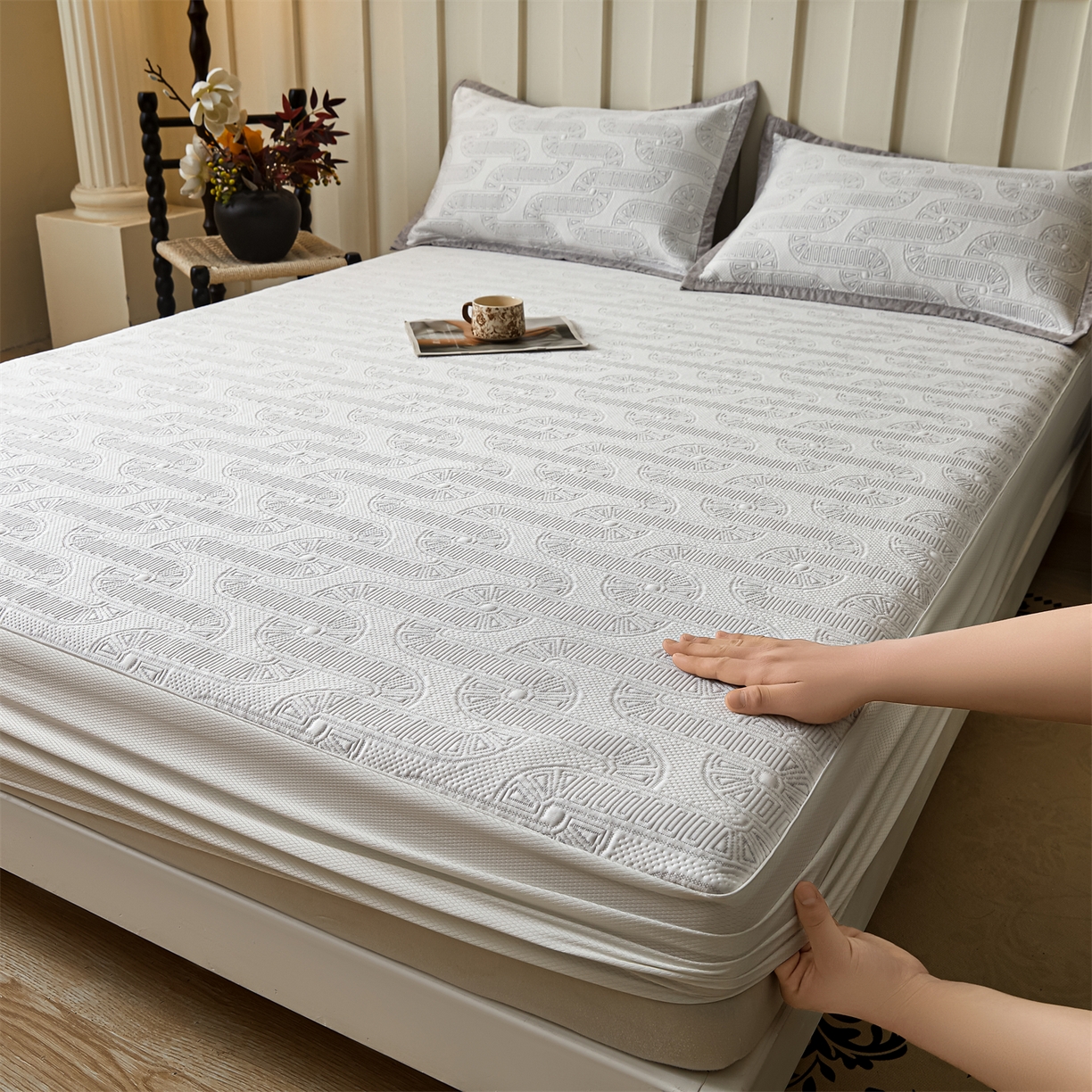 91家纺网 家纺一手货源 找家纺 耐思家纺 2026新款高端三明治硅胶复合PE乙纶提花冰豆豆凉席空调席韩版NIS系列（提供买家秀）床笠款 韩INS-云间环