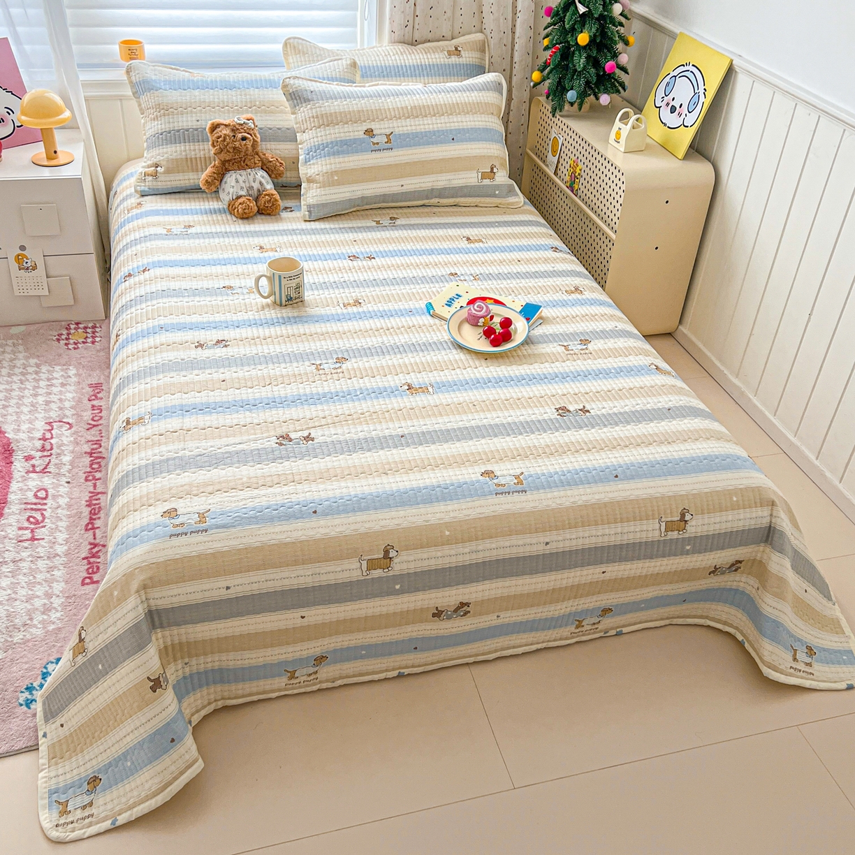 91家纺网 家纺一手货源 找家纺 舒居家纺 2026春夏新款双面全棉单床盖 床盖单件 奔跑小狗