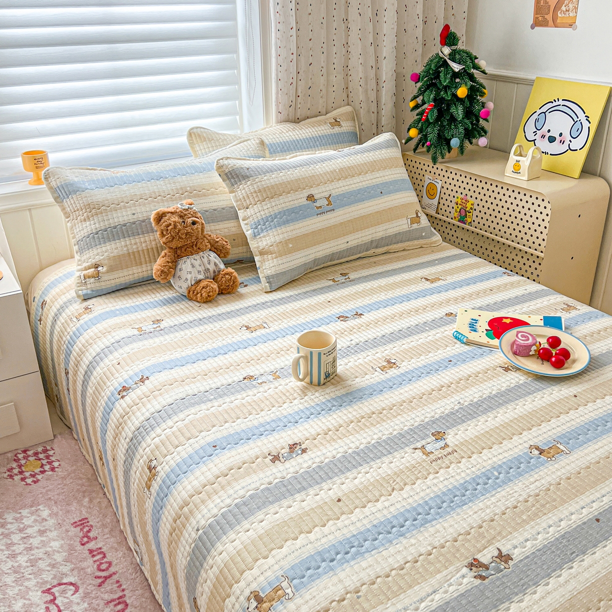 91家纺网 家纺一手货源 找家纺 舒居家纺 2026春夏新款双面全棉单床盖 床盖单件 奔跑小狗