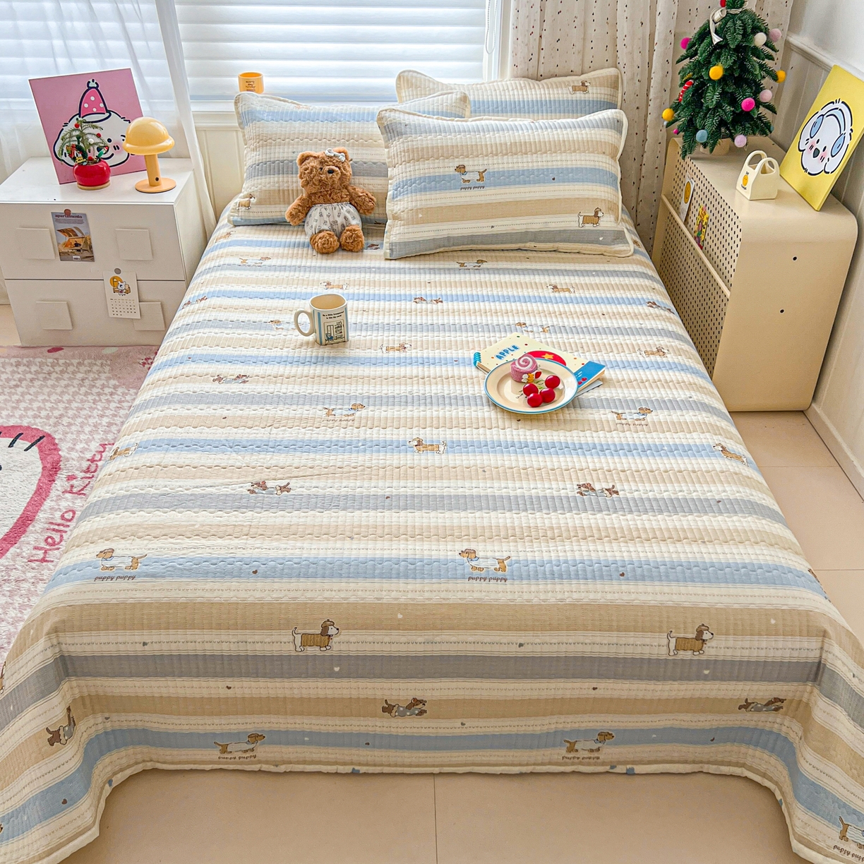 91家纺网 家纺一手货源 找家纺 舒居家纺 2026春夏新款双面全棉单床盖 床盖单件 奔跑小狗