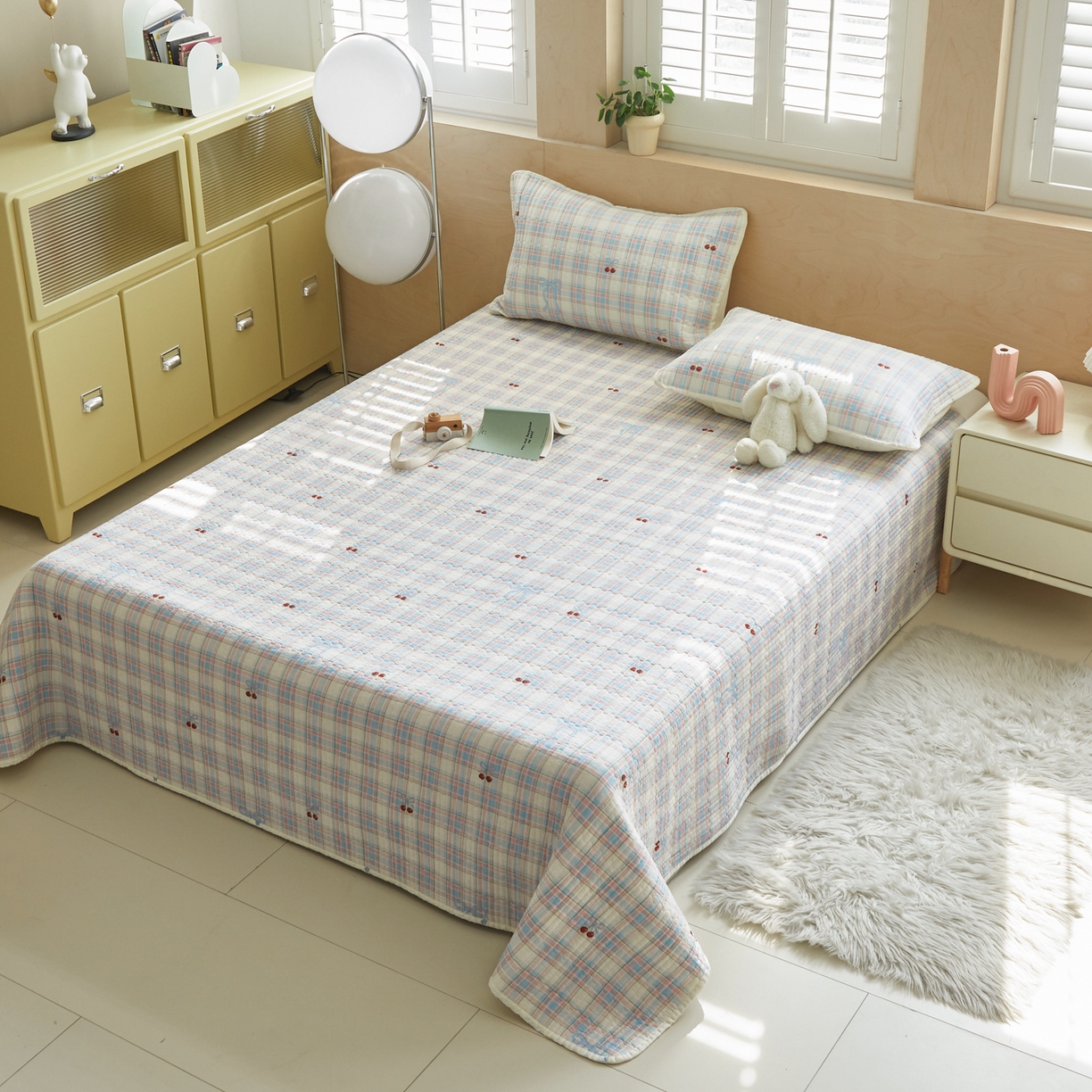 91家纺网 家纺一手货源 找家纺 舒居家纺 2026春夏新款双面全棉单床盖 床盖单件 樱桃格子