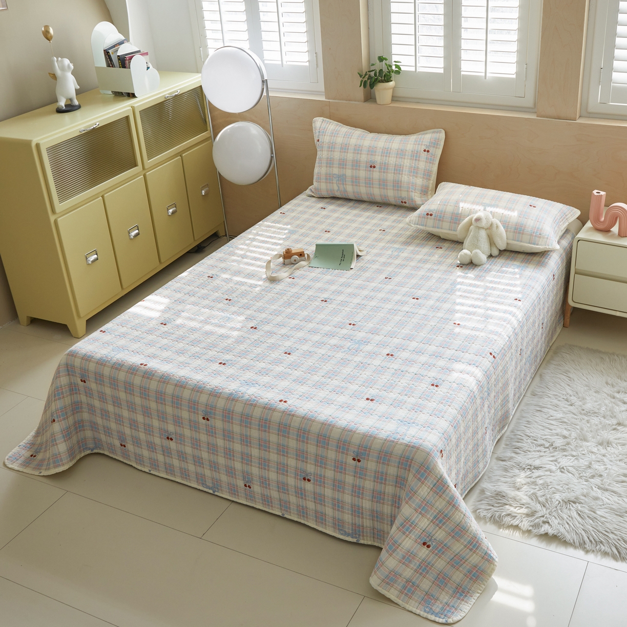 91家纺网 家纺一手货源 找家纺 舒居家纺 2026春夏新款双面全棉单床盖 床盖单件 樱桃格子