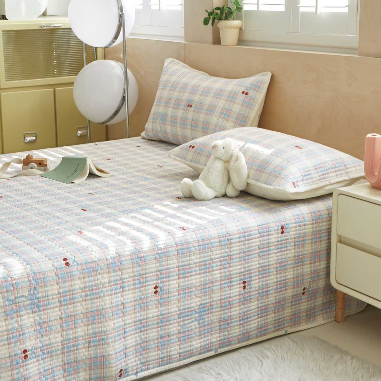 91家纺网 家纺一手货源 找家纺 舒居家纺 2026春夏新款双面全棉单床盖 床盖单件 樱桃格子