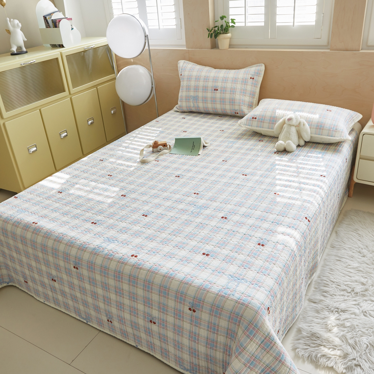 91家纺网 家纺一手货源 找家纺 舒居家纺 2026春夏新款双面全棉单床盖 床盖单件 樱桃格子