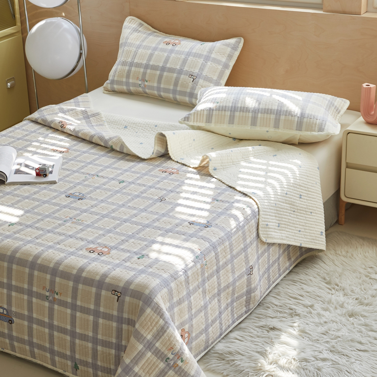 91家纺网 家纺一手货源 找家纺 舒居家纺 2026春夏新款双面全棉单床盖 床盖单件 小汽车