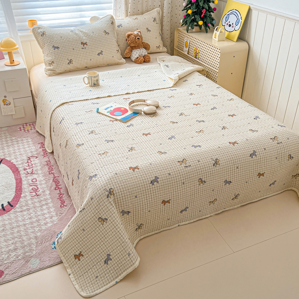 91家纺网 家纺一手货源 找家纺 舒居家纺 2026春夏新款双面全棉单床盖 床盖单件 马到成功