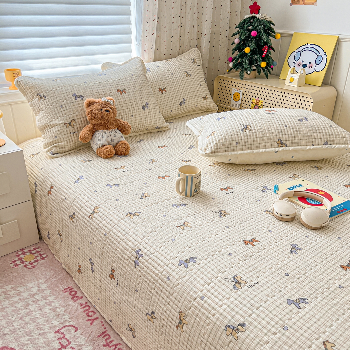 91家纺网 家纺一手货源 找家纺 舒居家纺 2026春夏新款双面全棉单床盖 床盖单件 马到成功