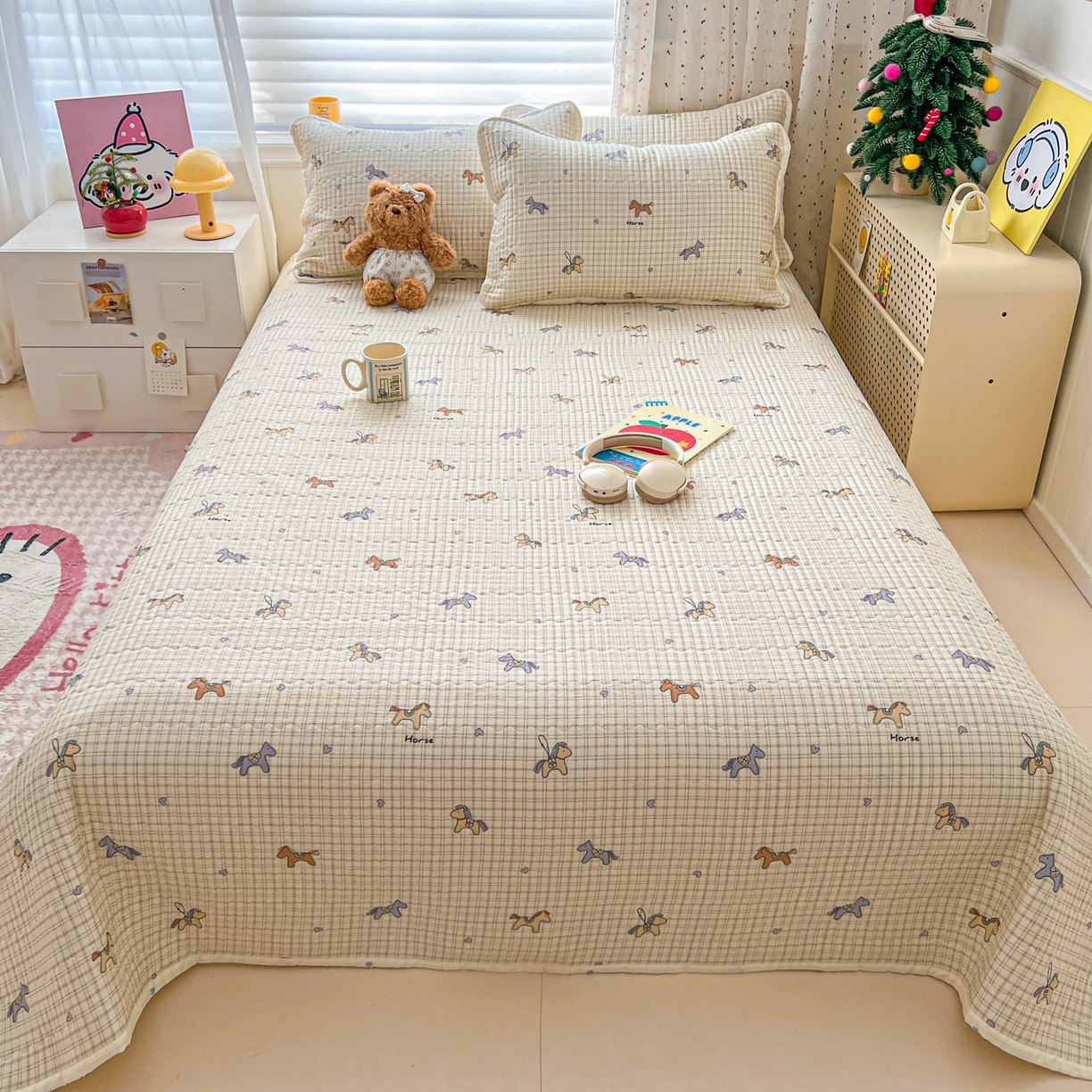 91家纺网 家纺一手货源 找家纺 舒居家纺 2026春夏新款双面全棉单床盖 床盖单件 马到成功