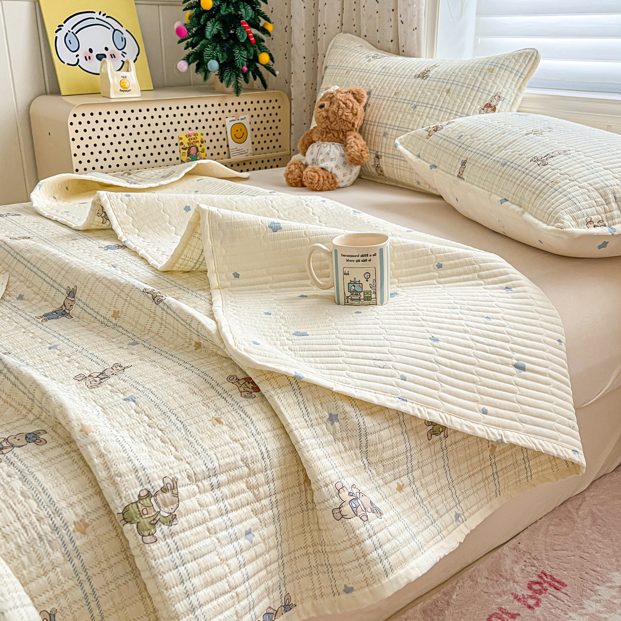 91家纺网 家纺一手货源 找家纺 舒居家纺 2026春夏新款双面全棉单床盖 床盖单件 兔兔宝贝