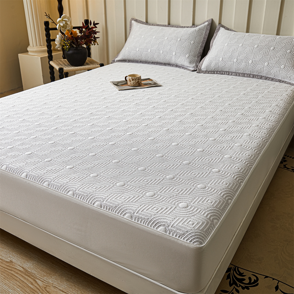 91家纺网 家纺一手货源 找家纺 耐思家纺 2026新款高端三明治硅胶复合PE乙纶提花冰豆豆凉席空调席韩版NIS系列（提供买家秀）床笠款 韩INS-方圆灰