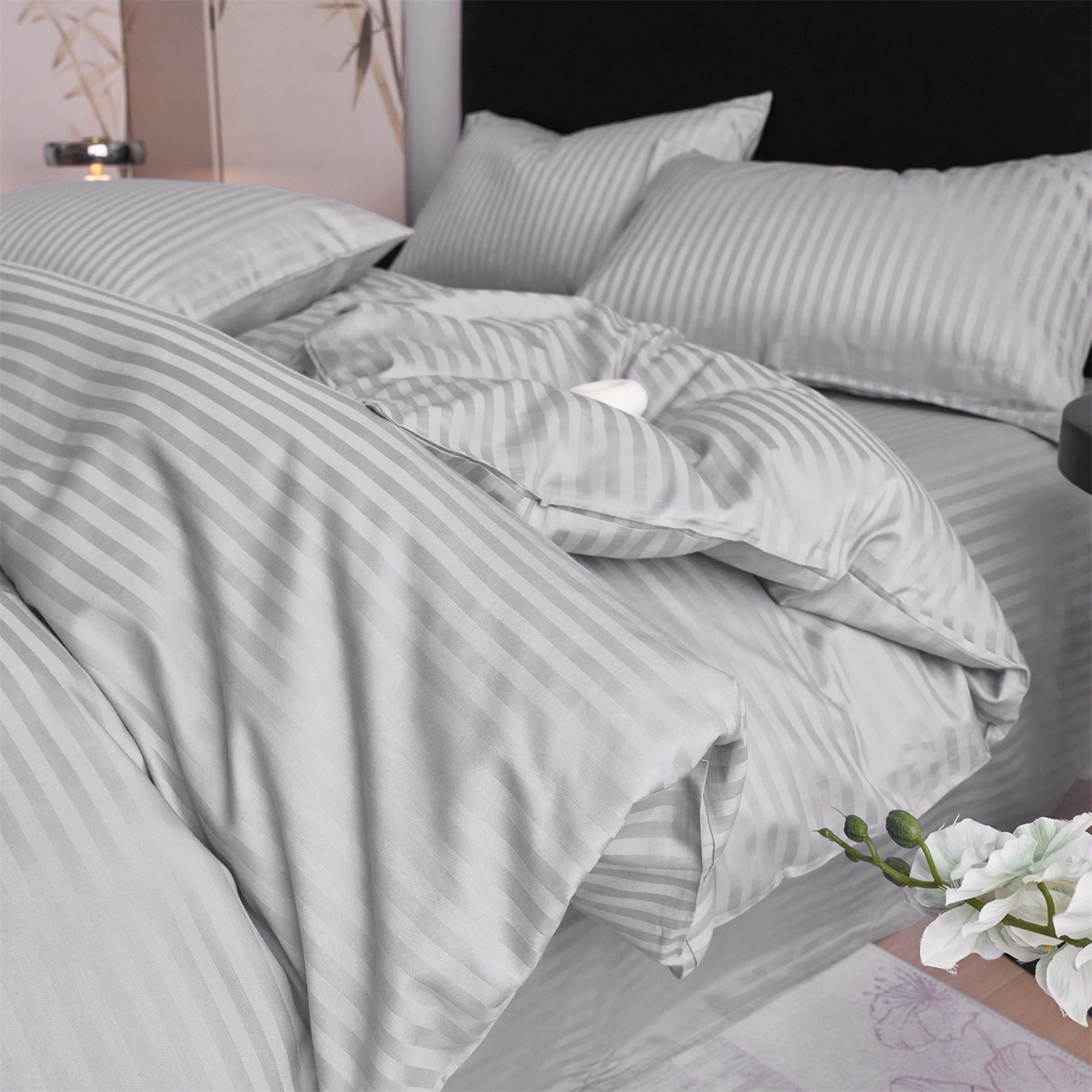 91家纺网 家纺一手货源 找家纺 兰紫橙家纺 2026新款全棉纯棉纯色贡缎缎条四件套 缎条-灰色