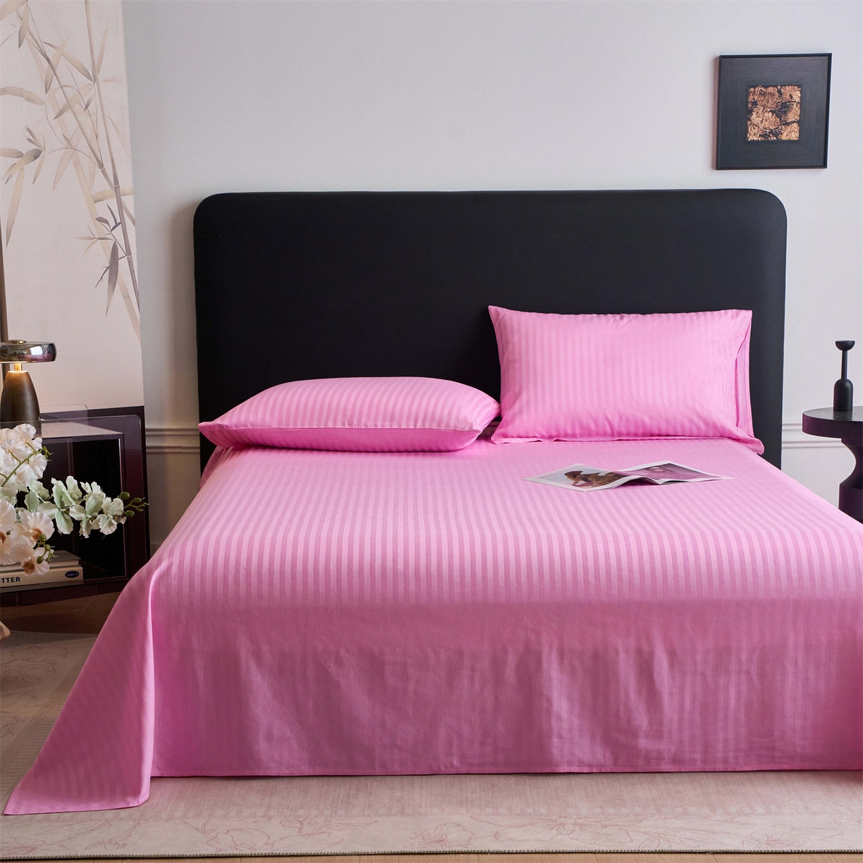 91家纺网 家纺一手货源 找家纺 兰紫橙家纺 2026新款全棉纯棉纯色贡缎缎条四件套 缎条-粉色