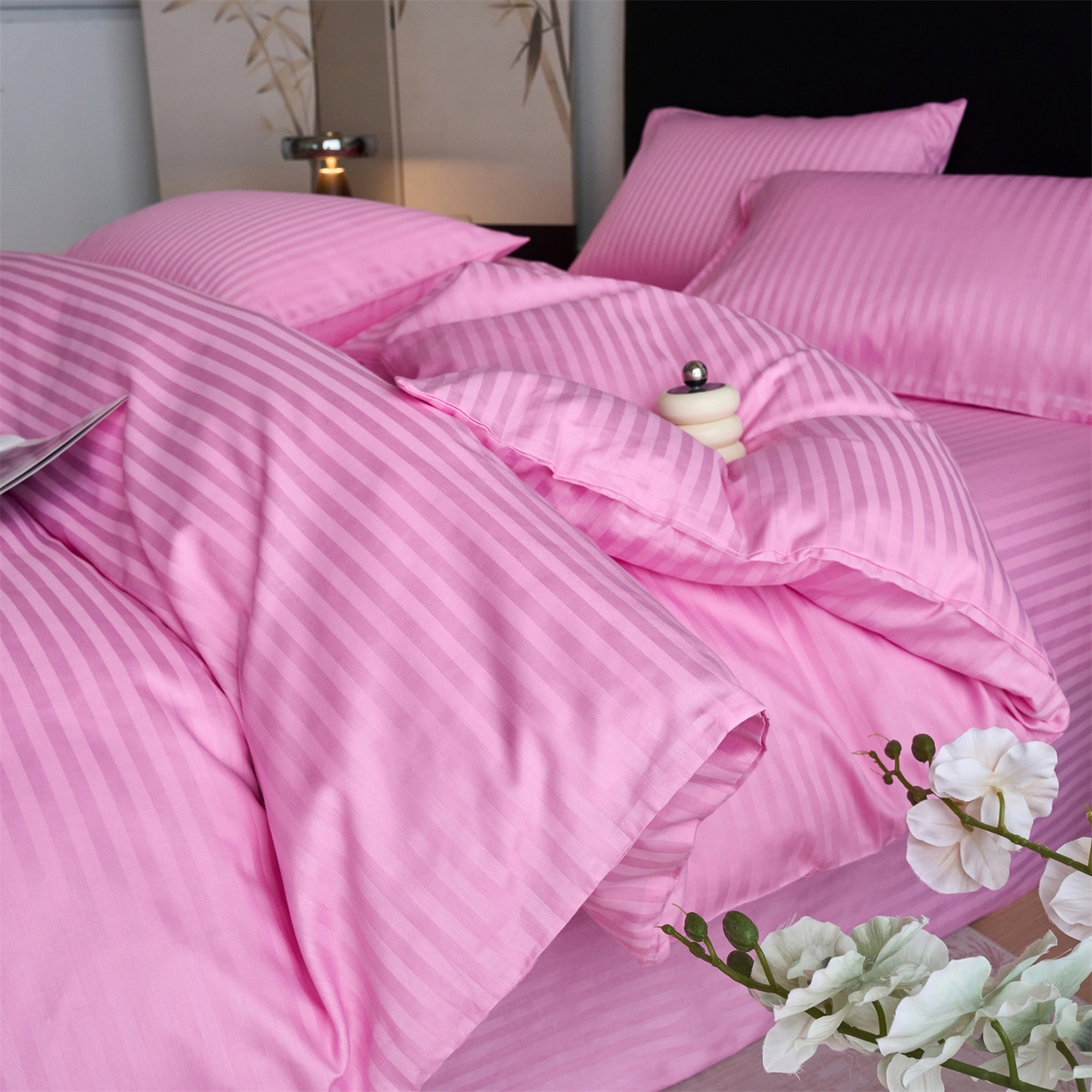 91家纺网 家纺一手货源 找家纺 （总）兰紫橙家纺 2026新款全棉纯棉纯色贡缎缎条四件套