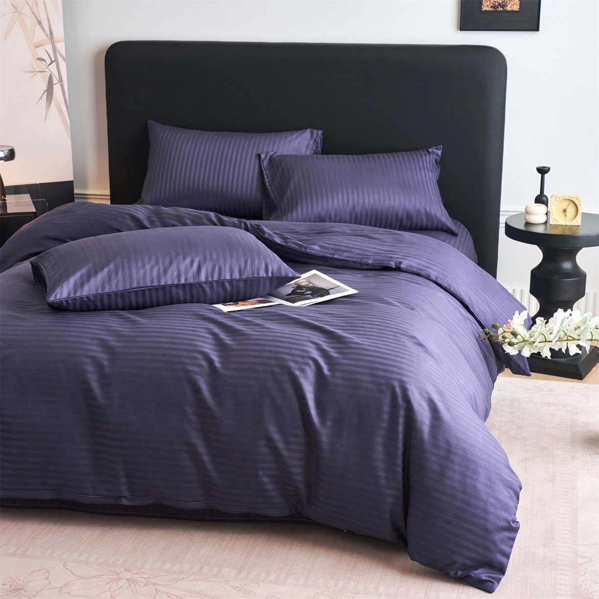 91家纺网 家纺一手货源 找家纺 兰紫橙家纺 2026新款全棉纯棉纯色贡缎缎条四件套 缎条-紫罗兰