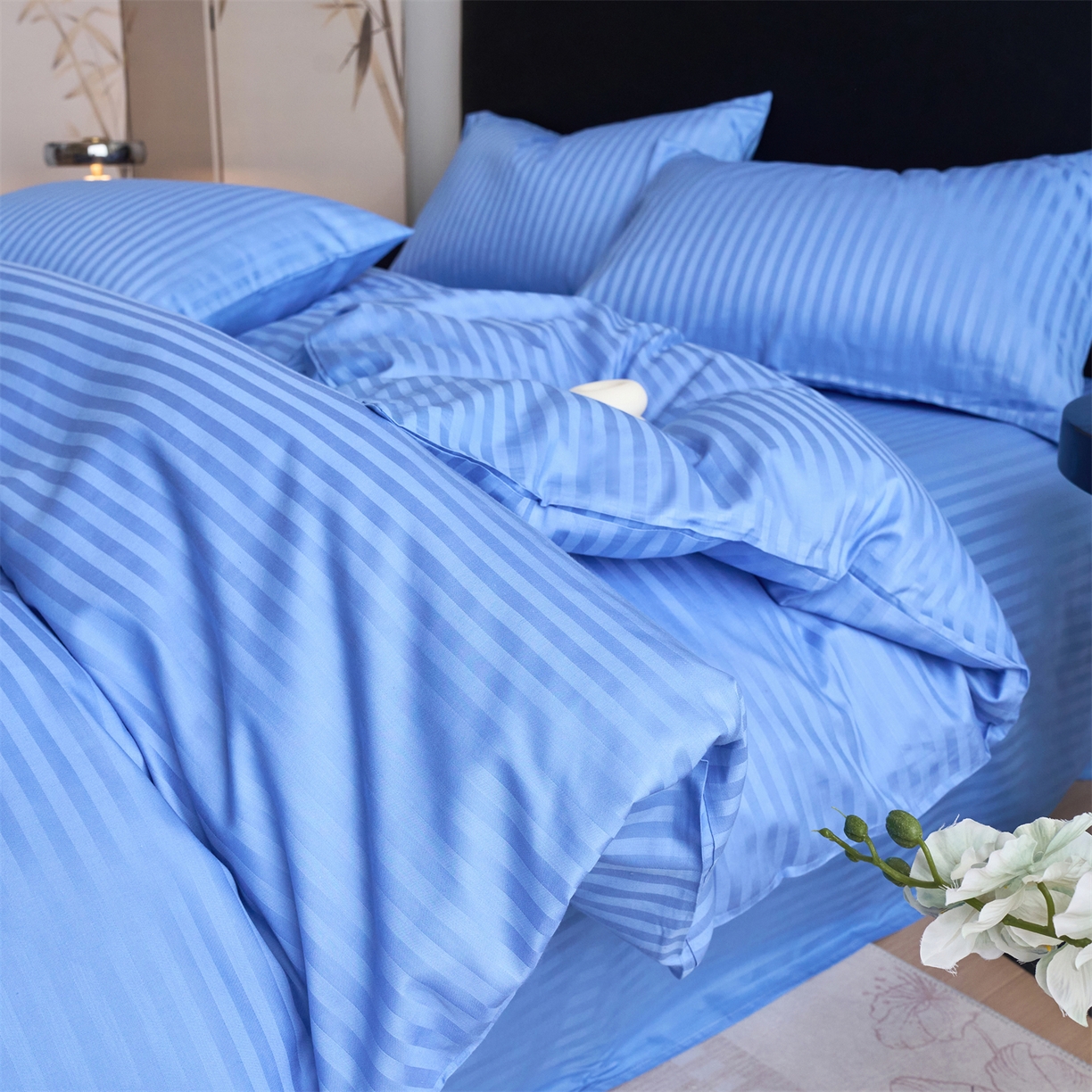 91家纺网 家纺一手货源 找家纺 兰紫橙家纺 2026新款全棉纯棉纯色贡缎缎条四件套 缎条-天蓝