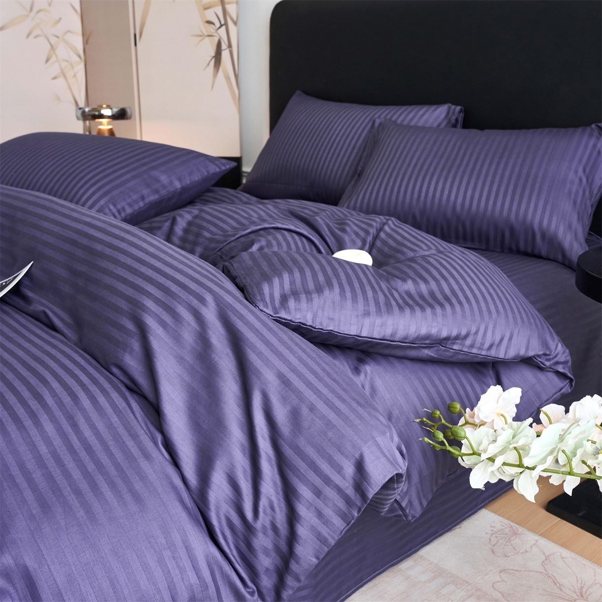 兰紫橙家纺 2026新款全棉纯棉纯色贡缎缎条四件套 缎条-紫罗兰