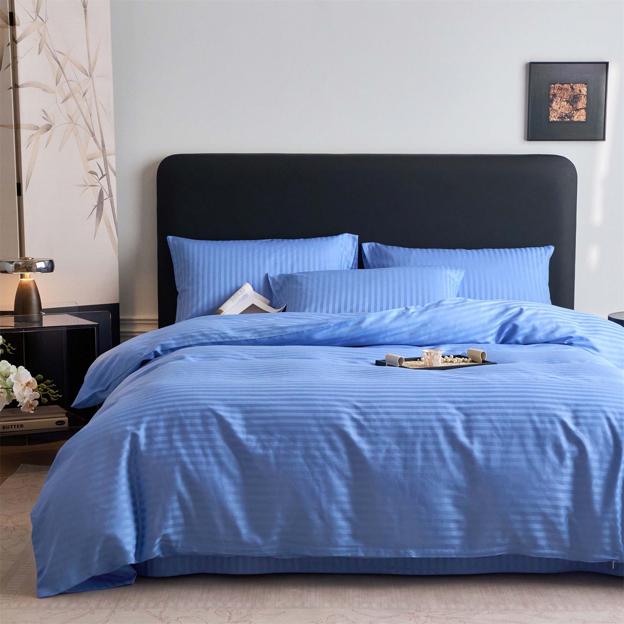 91家纺网 家纺一手货源 找家纺 兰紫橙家纺 2026新款全棉纯棉纯色贡缎缎条四件套 缎条-天蓝