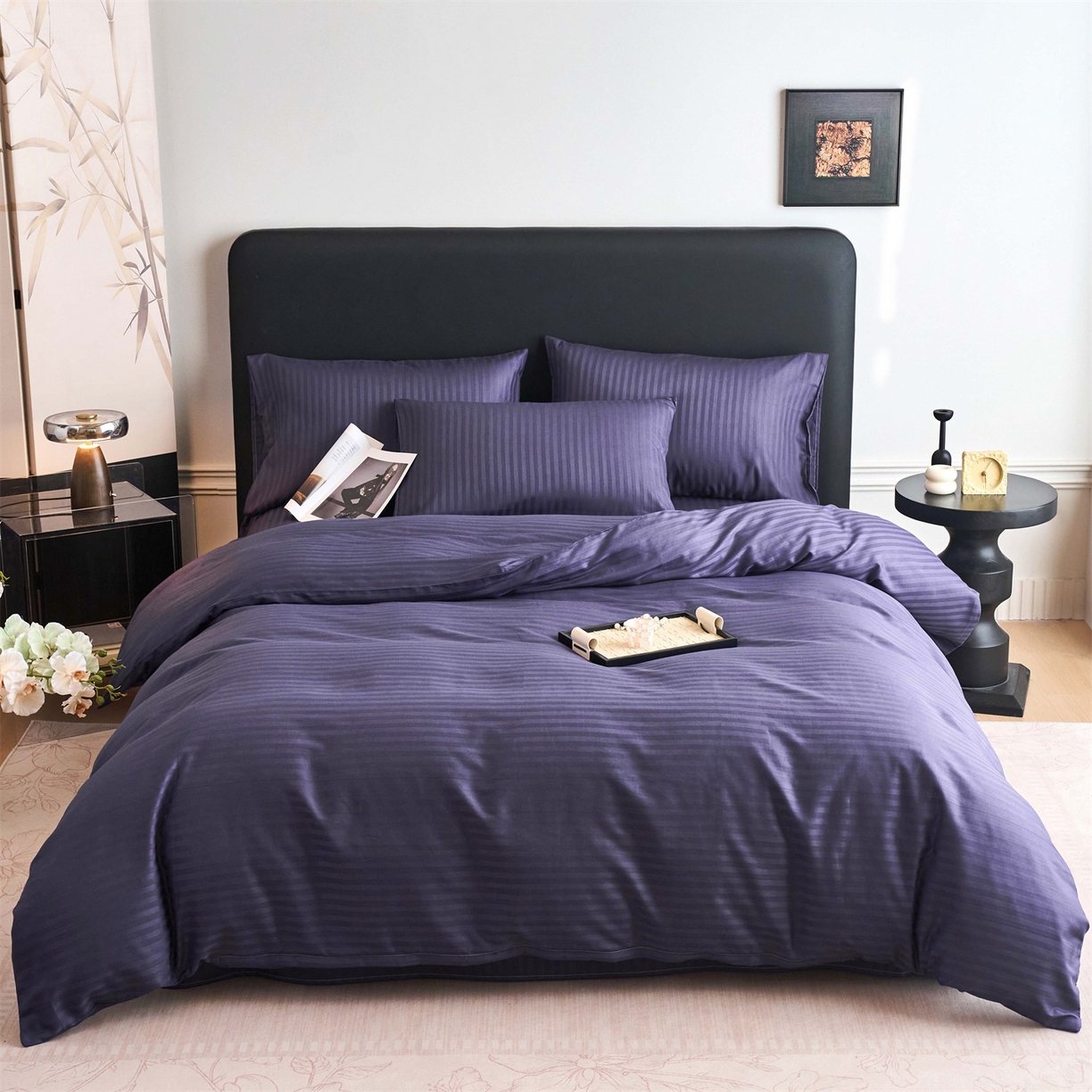 91家纺网 家纺一手货源 找家纺 兰紫橙家纺 2026新款全棉纯棉纯色贡缎缎条四件套 缎条-紫罗兰