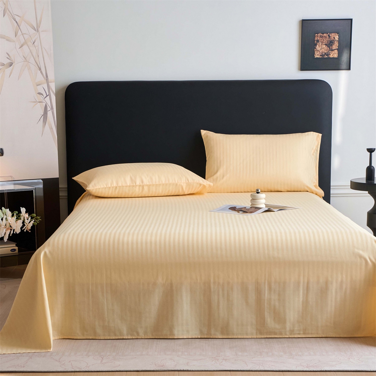 91家纺网 家纺一手货源 找家纺 兰紫橙家纺 2026新款全棉纯棉纯色贡缎缎条四件套 缎条-米黄