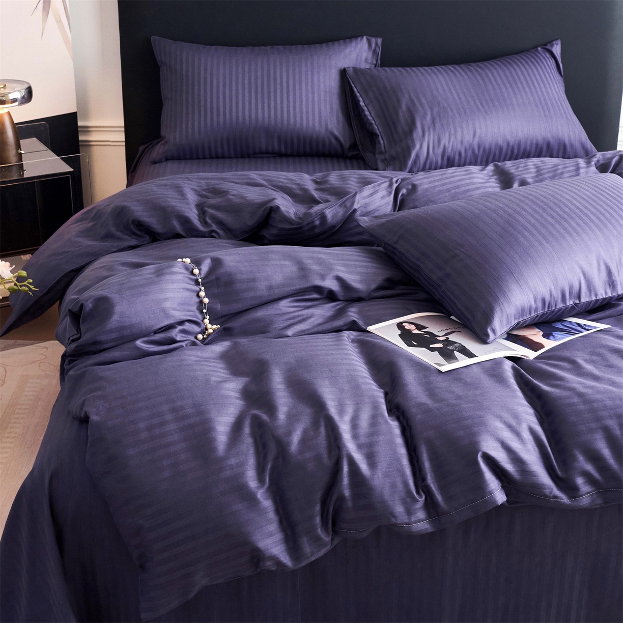 91家纺网 家纺一手货源 找家纺 兰紫橙家纺 2026新款全棉纯棉纯色贡缎缎条四件套 缎条-紫罗兰