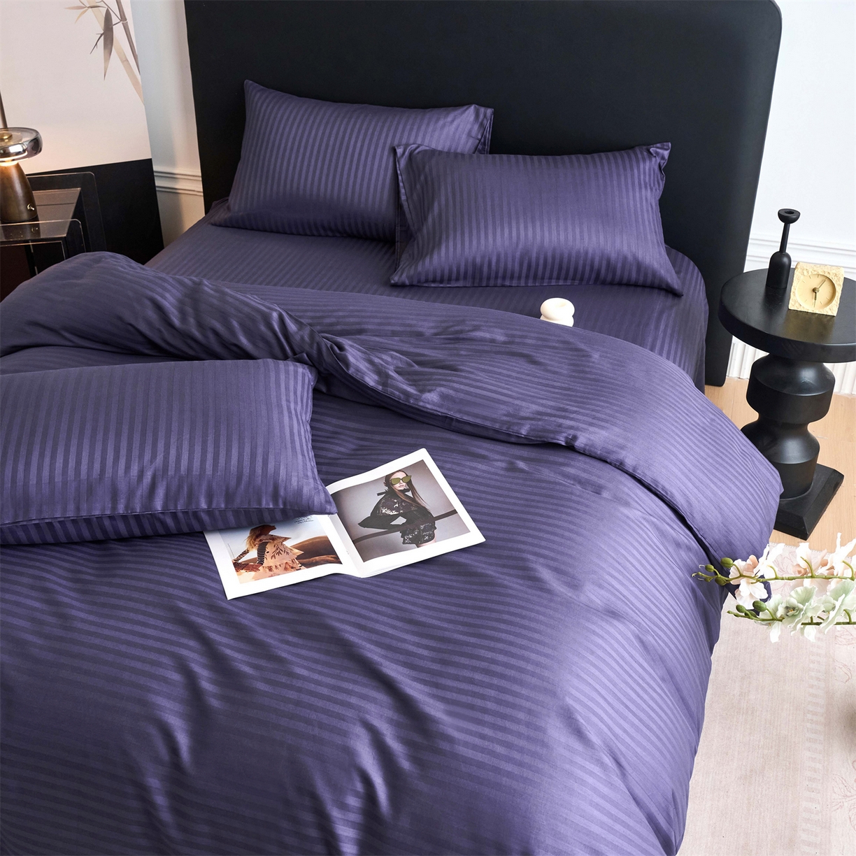 91家纺网 家纺一手货源 找家纺 兰紫橙家纺 2026新款全棉纯棉纯色贡缎缎条四件套 缎条-紫罗兰