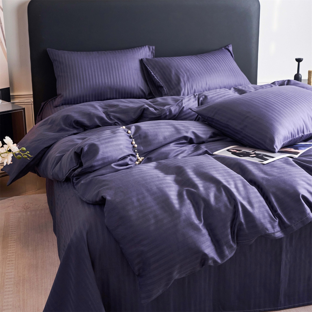 91家纺网 家纺一手货源 找家纺 兰紫橙家纺 2026新款全棉纯棉纯色贡缎缎条四件套 缎条-紫罗兰