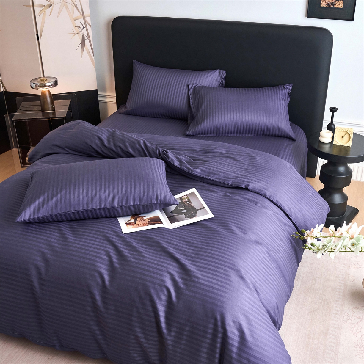 91家纺网 家纺一手货源 找家纺 兰紫橙家纺 2026新款全棉纯棉纯色贡缎缎条四件套 缎条-紫罗兰