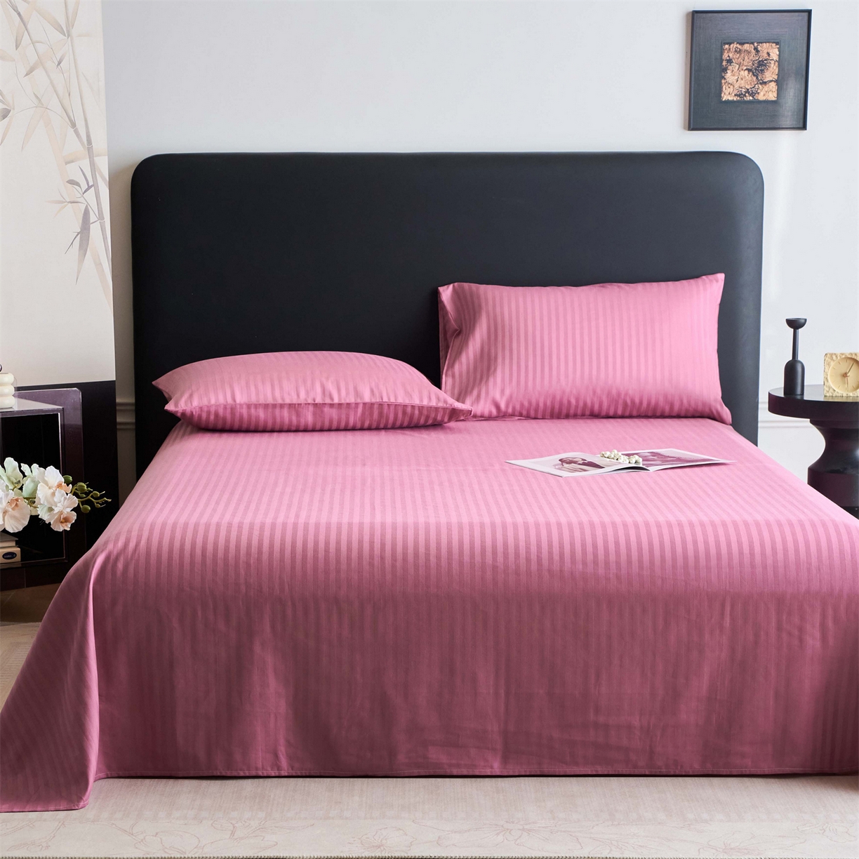 91家纺网 家纺一手货源 找家纺 兰紫橙家纺 2026新款全棉纯棉纯色贡缎缎条四件套 缎条-豆沙