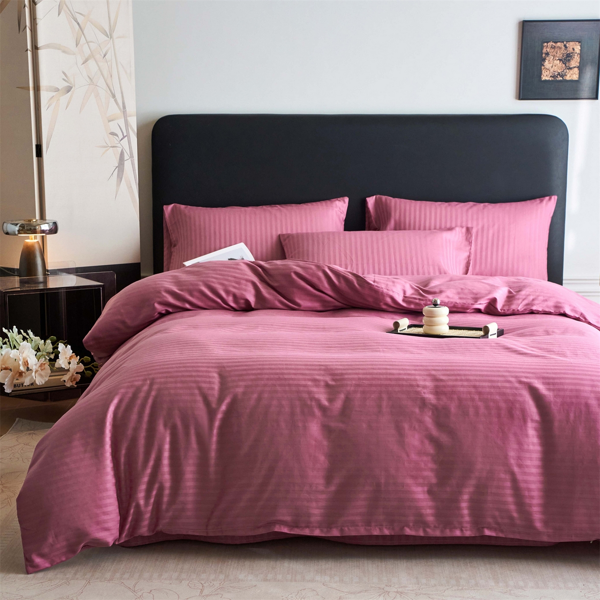 91家纺网 家纺一手货源 找家纺 兰紫橙家纺 2026新款全棉纯棉纯色贡缎缎条四件套 缎条-豆沙