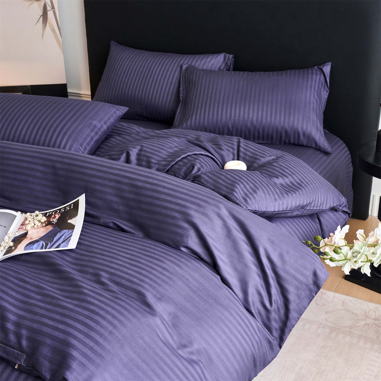 91家纺网 家纺一手货源 找家纺 兰紫橙家纺 2026新款全棉纯棉纯色贡缎缎条四件套 缎条-紫罗兰