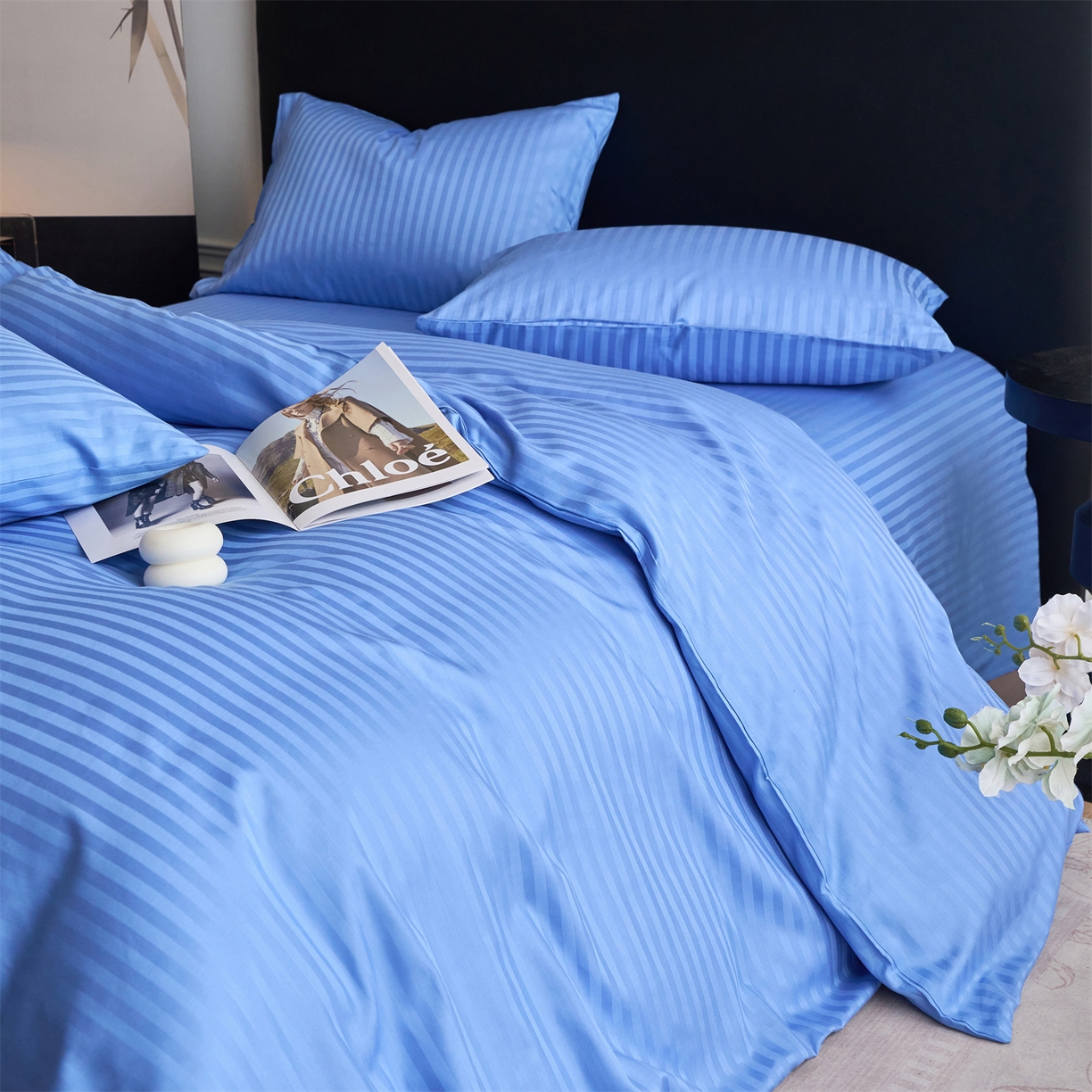 91家纺网 家纺一手货源 找家纺 兰紫橙家纺 2026新款全棉纯棉纯色贡缎缎条四件套 缎条-天蓝